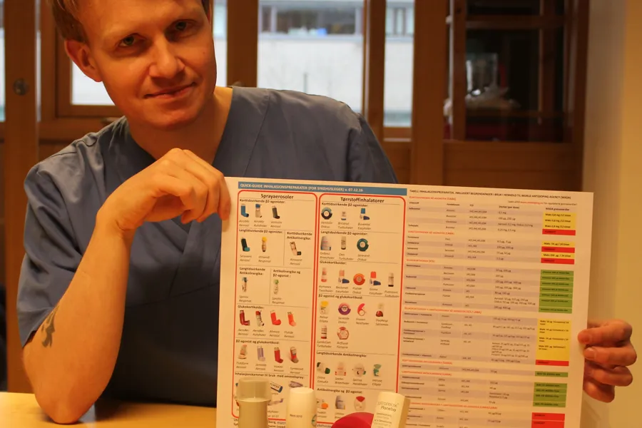 Brosjyre: Farmasøyt Espen Skarstein Kolberg har laget en oversikt over inhalasjonspreparater. Foto.